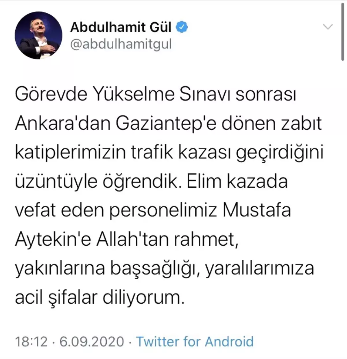 Son dakika haber... Bakan Gül\'den trafik kazasında hayatını kaybeden zabıt katibi için başsağlığı mesajı