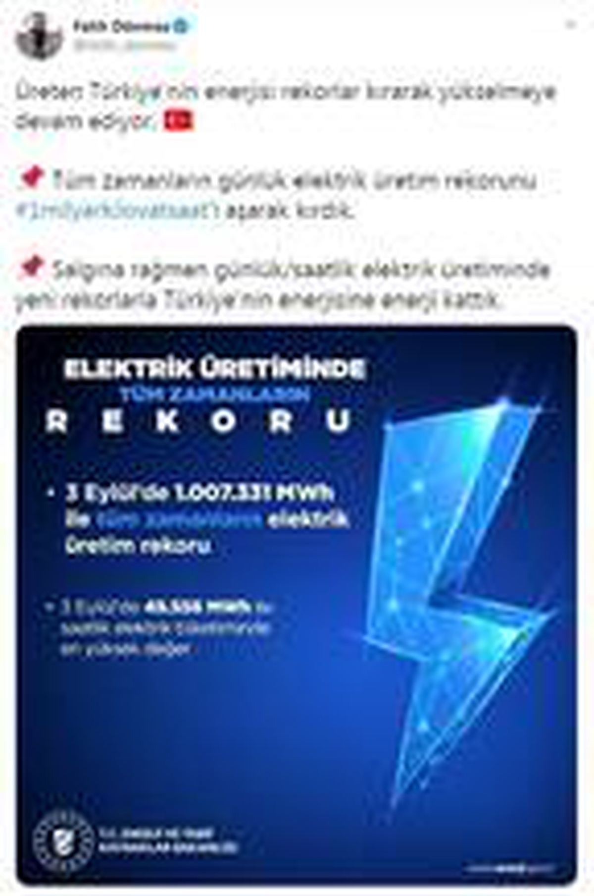 Bakan Dönmez: Elektik üretim rekorunu kırdık