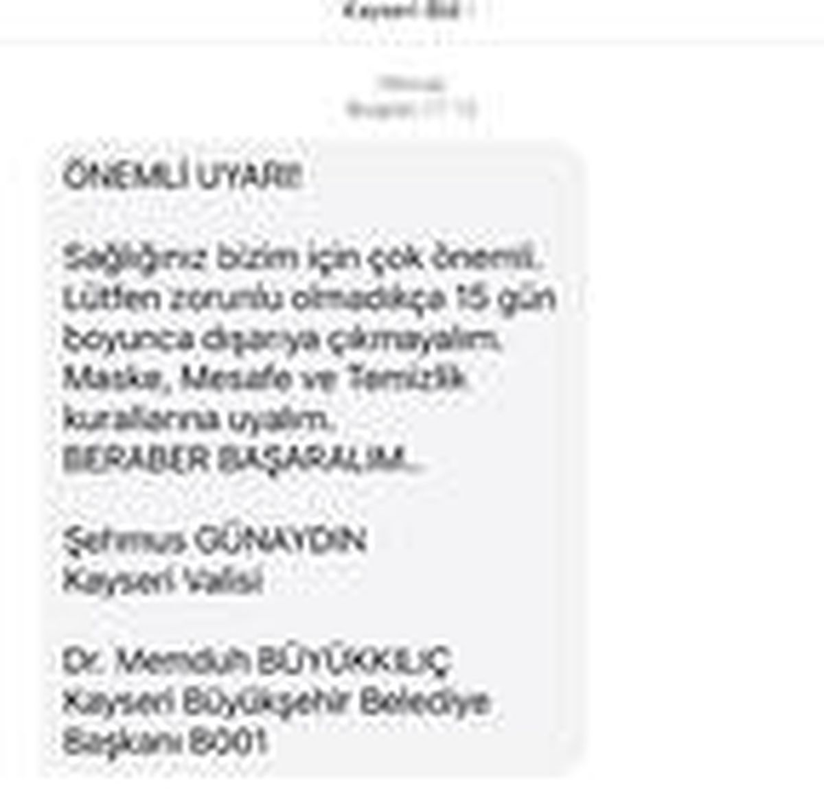 Kayseri\'de vali ve belediye başkanından SMS\'li \'evde kal\' çağrısı