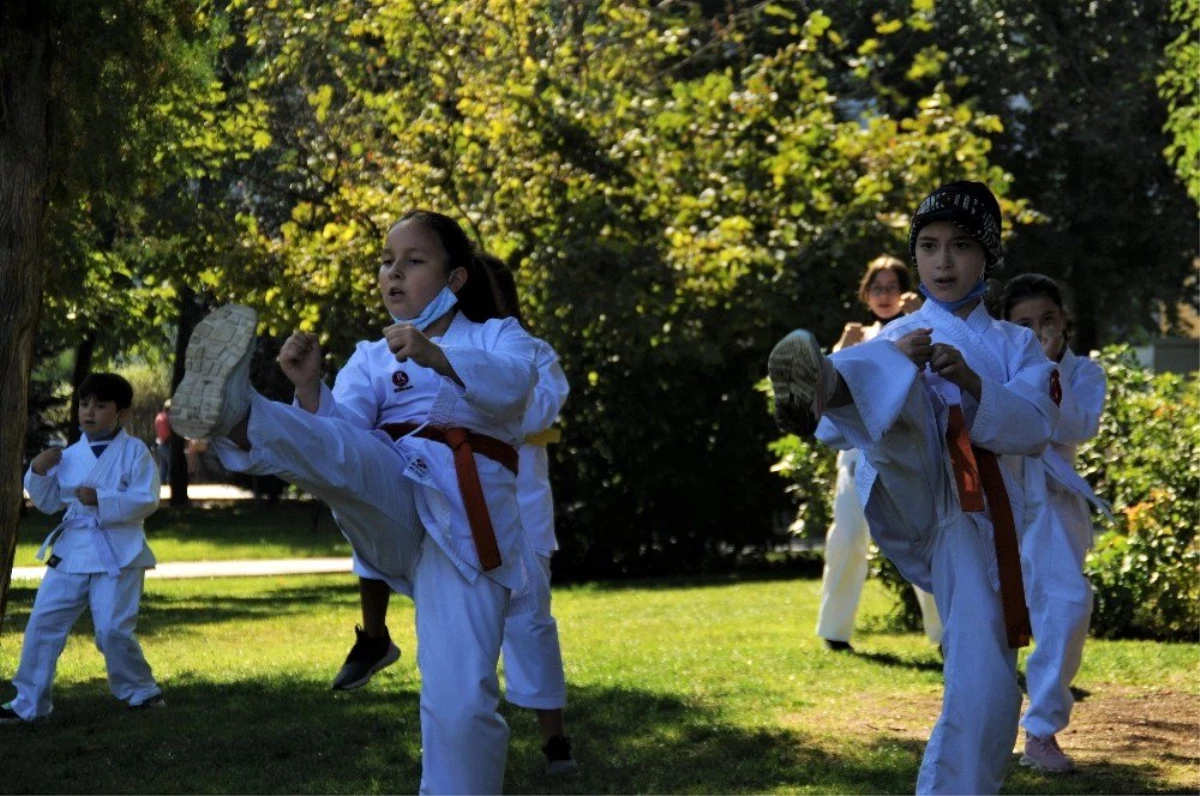 Öğrencileri için parkı karate sınıfına çevirdi