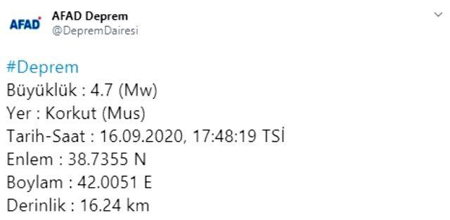 Son Dakika: Muş'un Korkut ilçesinde 4.7 büyüklüğünde deprem meydana geldi.