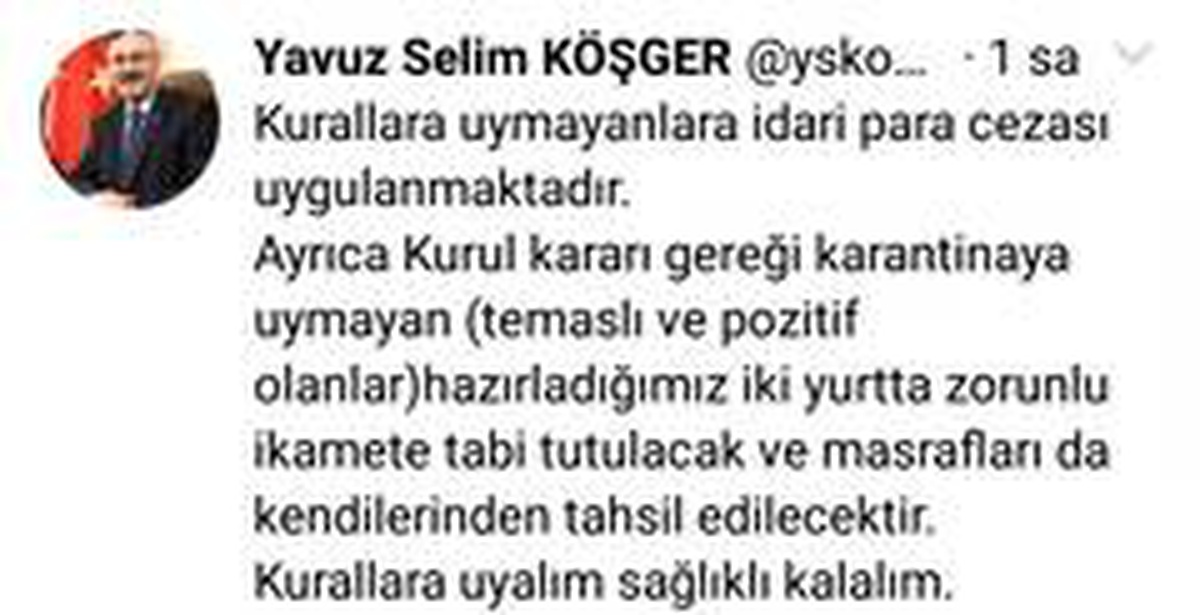 İzmir Valisi Köşger: "Karantinaya uymayan yurtta zorunlu ikamete tabii tutulacak"