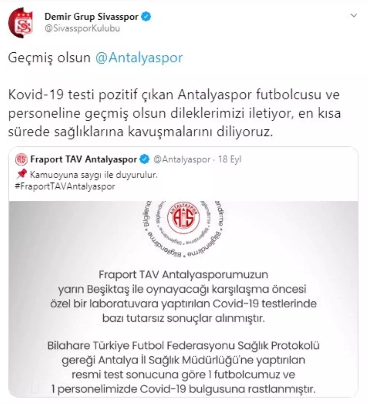 Sivasspor\'dan Antalyaspor\'a geçmiş olsun mesajı