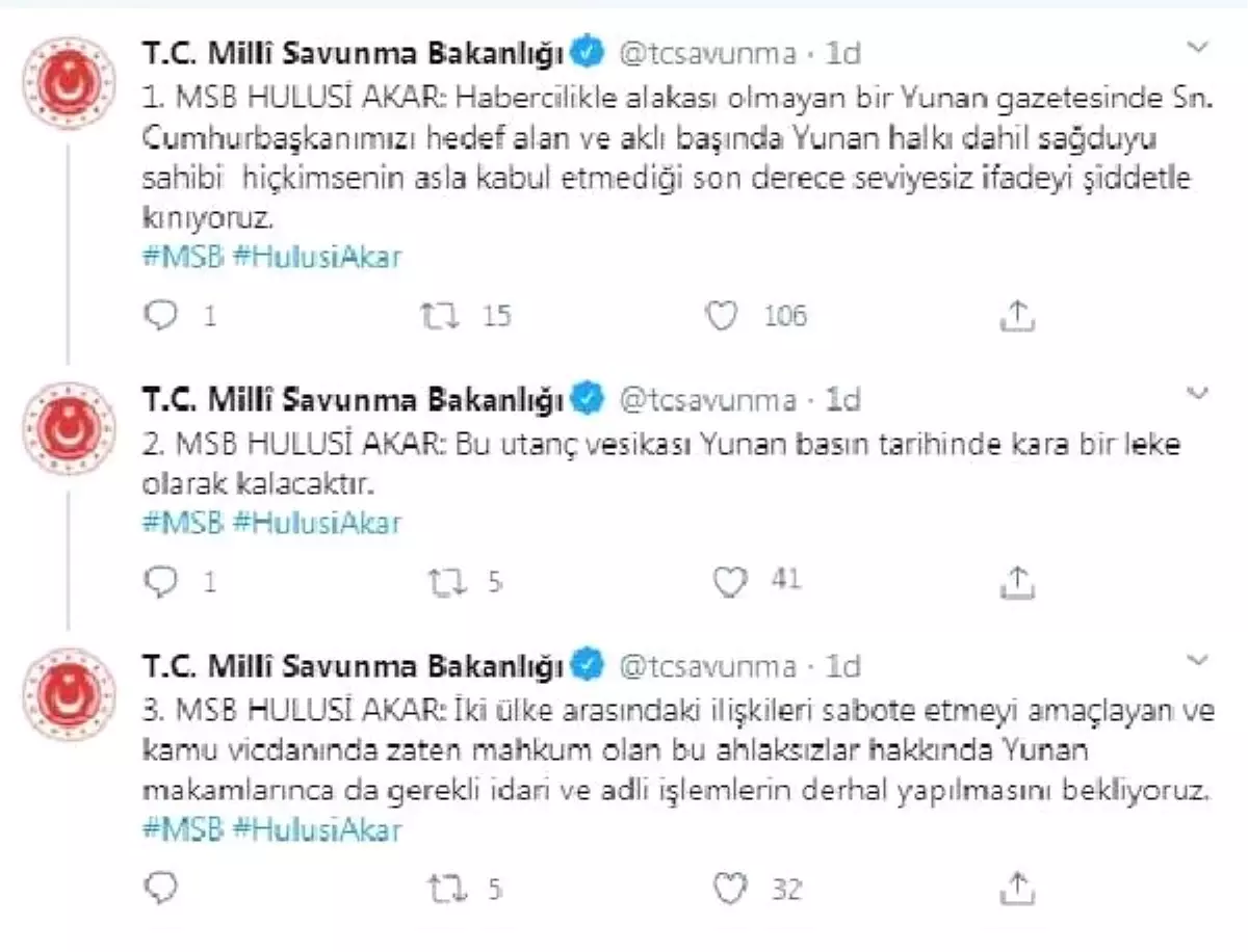 Bakan Akar\'dan Yunan gazetesinin manşetine: Şiddetle kınıyoruz