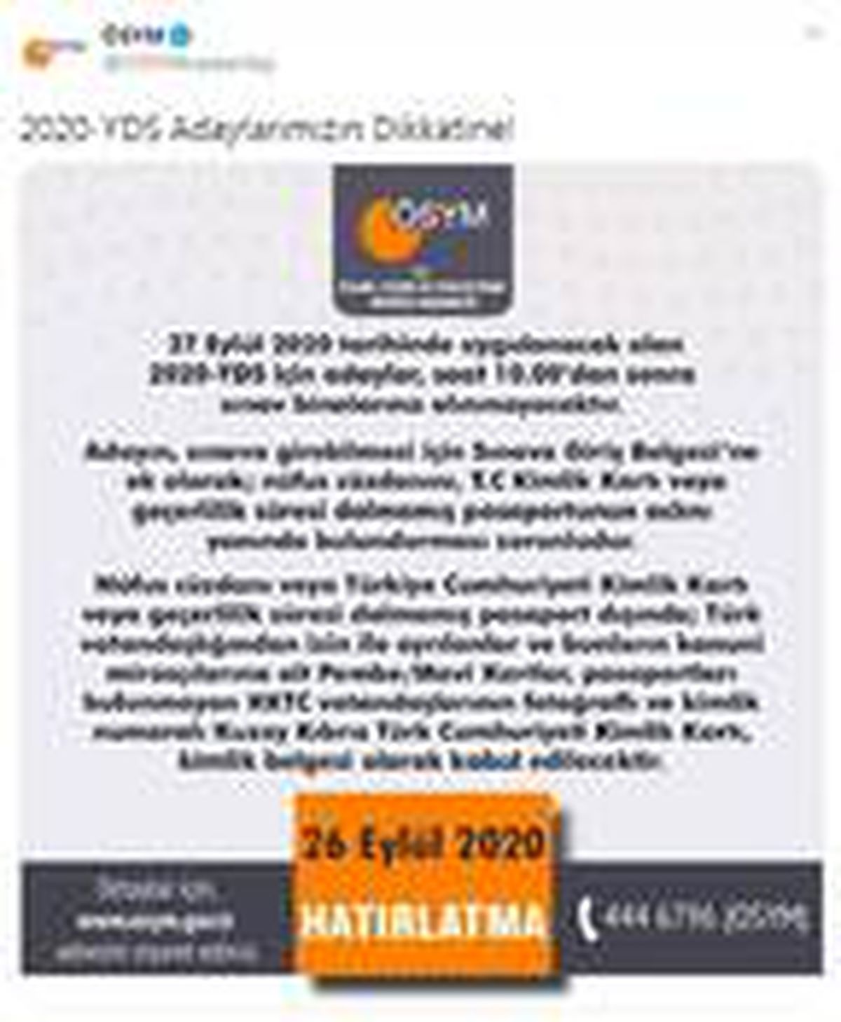 ÖSYM\'den 2020-YDS adaylarına \'saat\' uyarısı