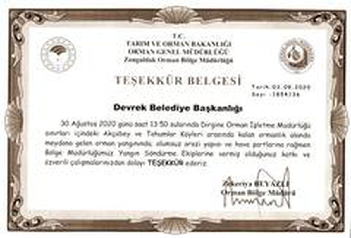 Bakanlıktan Devrek Belediyesi\'ne teşekkür belgesi