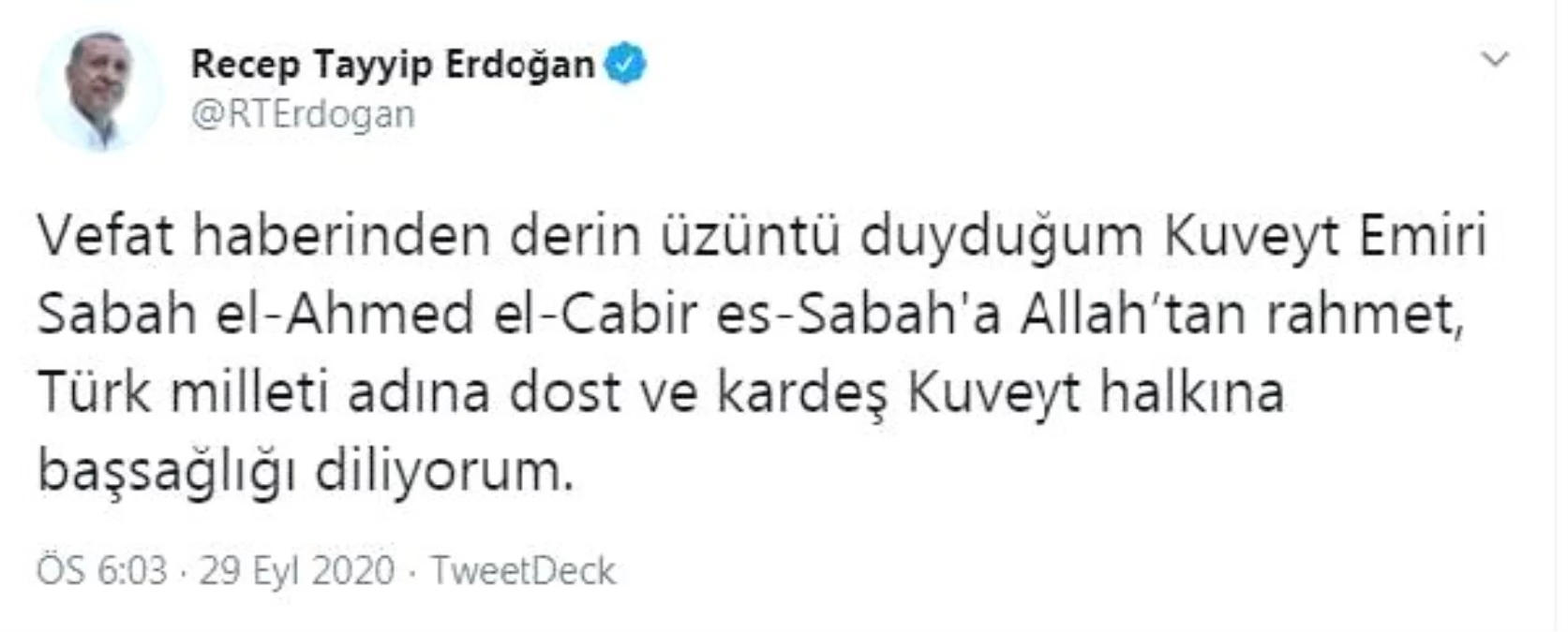 Son dakika haberi... Erdoğan\'dan Kuveyt Emiri Sabah el-Ahmed el-Cabir es-Sabah için taziye mesajı