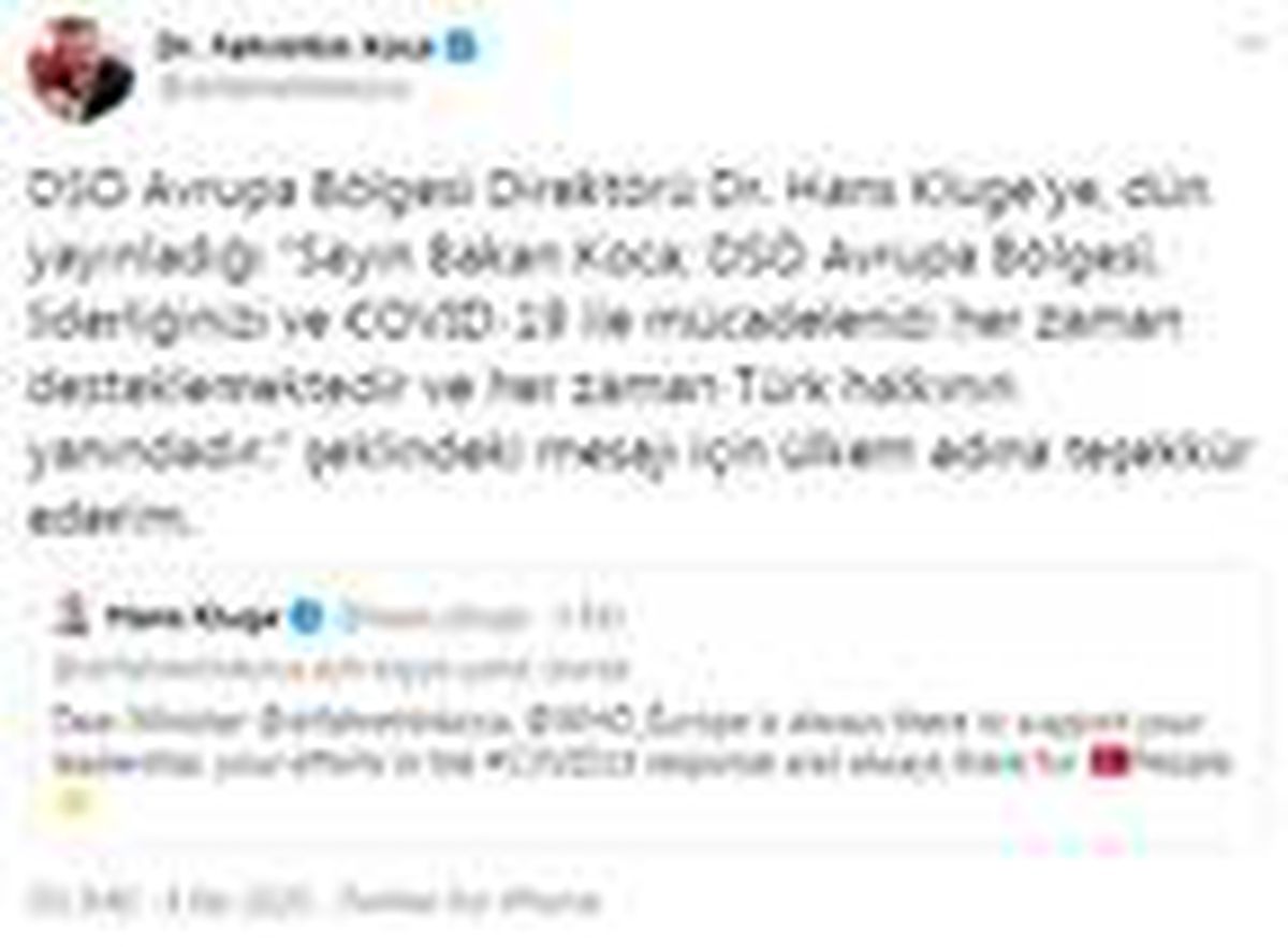 Son dakika haberi | Sağlık Bakanı Koca\'dan DSÖ Avrupa Direktörü Kluge\'ye teşekkür mesajı