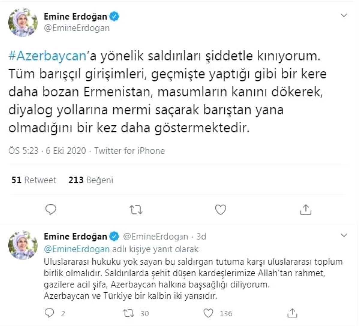 Emine Erdoğan: Azerbaycan\'a yönelik saldırıları şiddetle kınıyorum