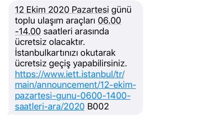 İstanbul'da 12 Ekim Pazartesi günü toplu ulaşım 8 saat ücretsiz olacak İstanbul'da 12 Ekim Pazartesi günü toplu ulaşım 8 saat ücretsiz olacak