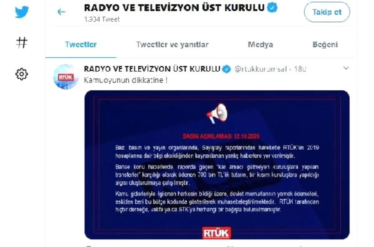 RTÜK: "Hiçbir derneğe, vakfa ya da STK\'ya bağışta bulunulmamıştır"