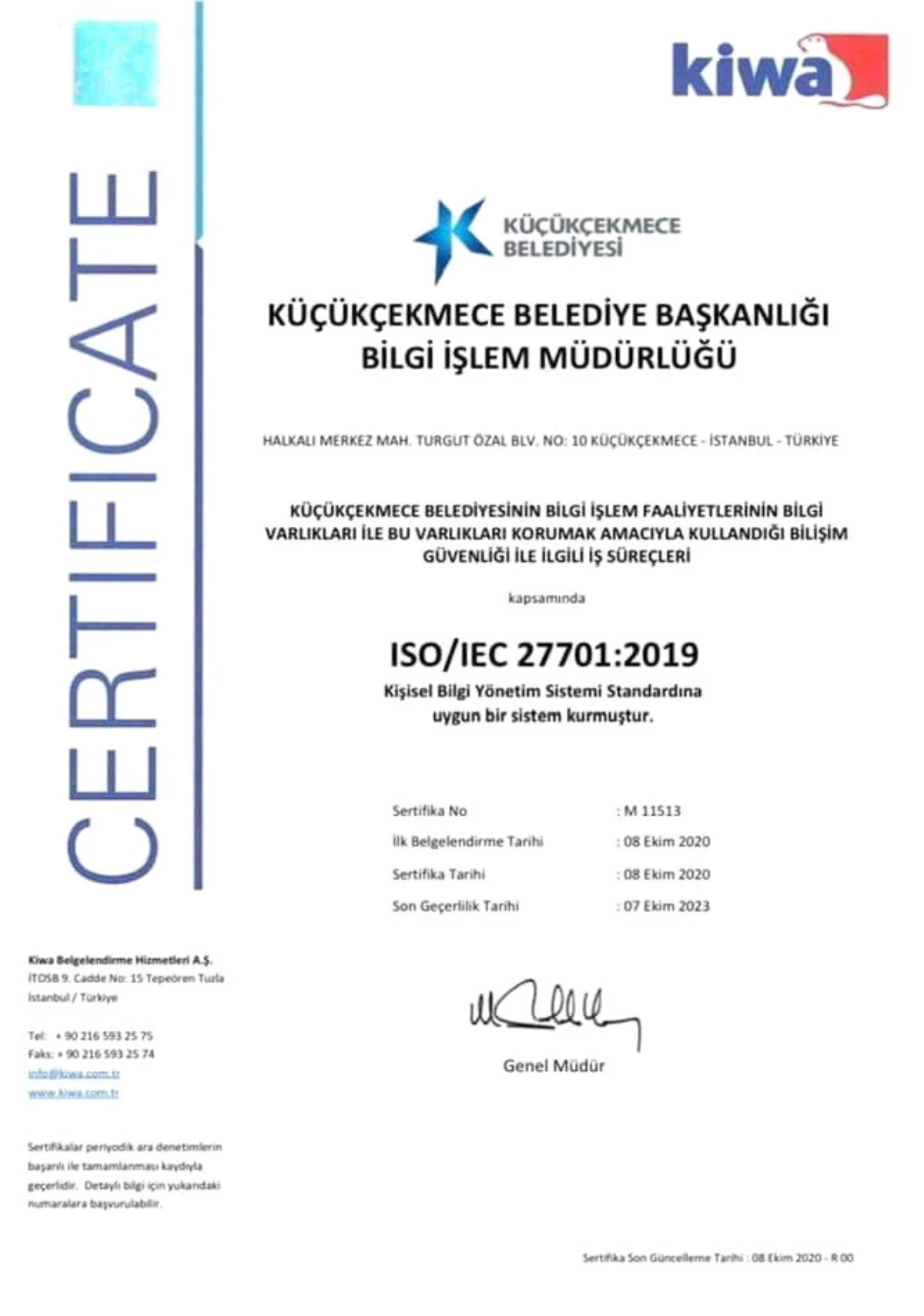 Küçükçekmece Belediyesine ISO 27701 sertifikası