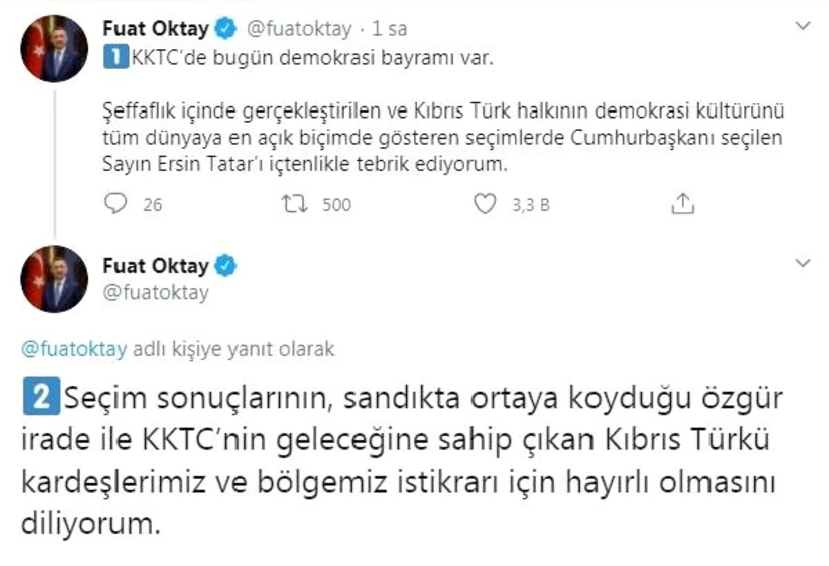 KKTC Cumhurbaşkanı Ersin Tatar\'a Türkiye\'den tebrik mesajları