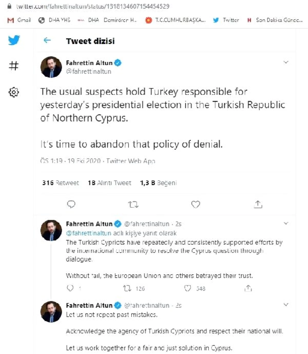 Cumhurbaşkanlığı İletişim Başkanı Altun\'dan "Kıbrıs Türklerinin milli iradesine saygı duyun" paylaşımı Açıklaması