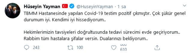 AK Parti Hatay Milletvekili Hüseyin Yayman'ın koronavirüs testi pozitif çıktı