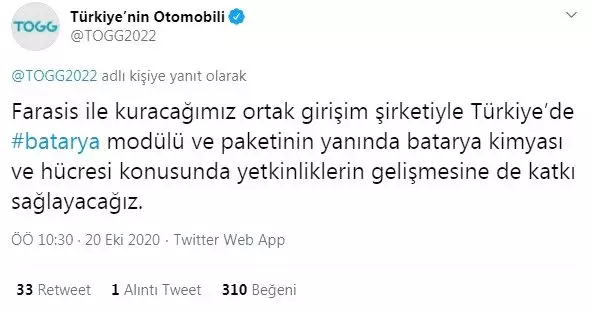 Yerli otomobil TOGG'un pili Türkiye'de üretilecek