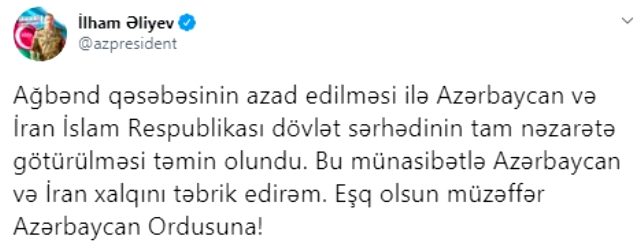 Karabağ'ın İran sınırı tamamıyla Azerbaycan kontrolüne geçti