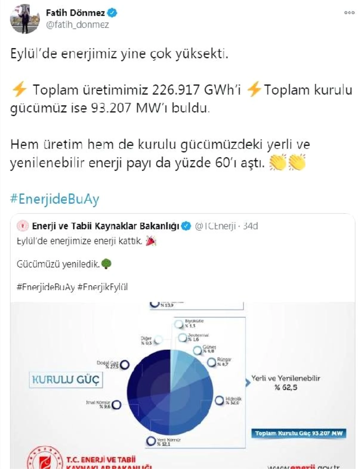 Bakan Dönmez: Eylül\'de enerjimiz yine çok yüksekti