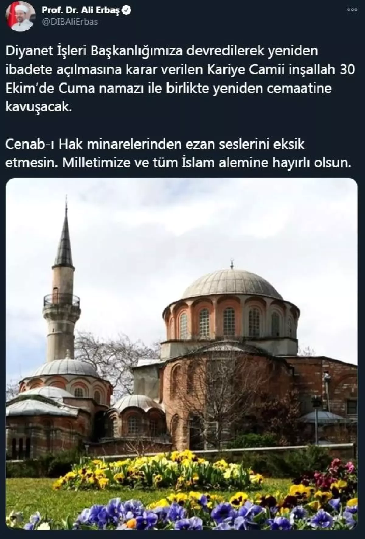 Erbaş: Kariye Camii, 30 Ekim\'de cuma namazı ile birlikte yeniden cemaatine kavuşacak