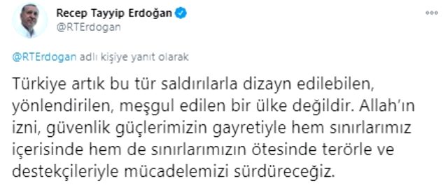 Hatay'daki saldırı sonrası Erdoğan'dan kararlılık mesajı: Terörle ve destekçileriyle mücadelemizi sürdüreceğiz