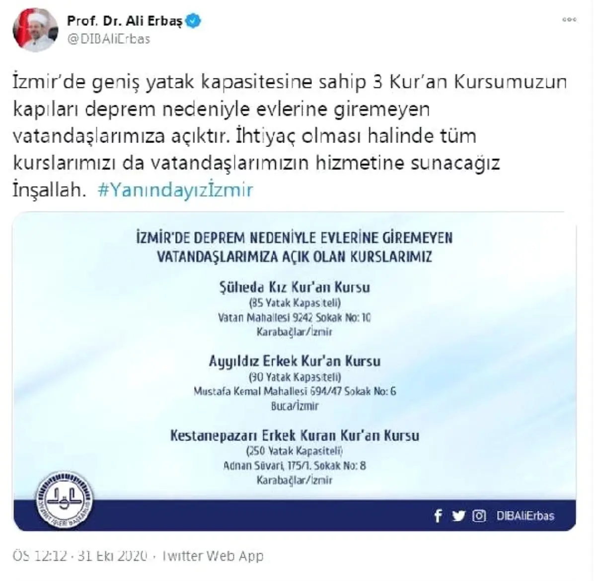 Ali Erbaş: 3 Kuran kursumuz, evlerine giremeyen vatandaşlarımıza açık