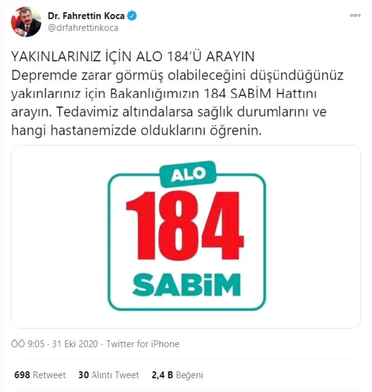 Bakan Koca: Yaralılar için 184\'ü arayın