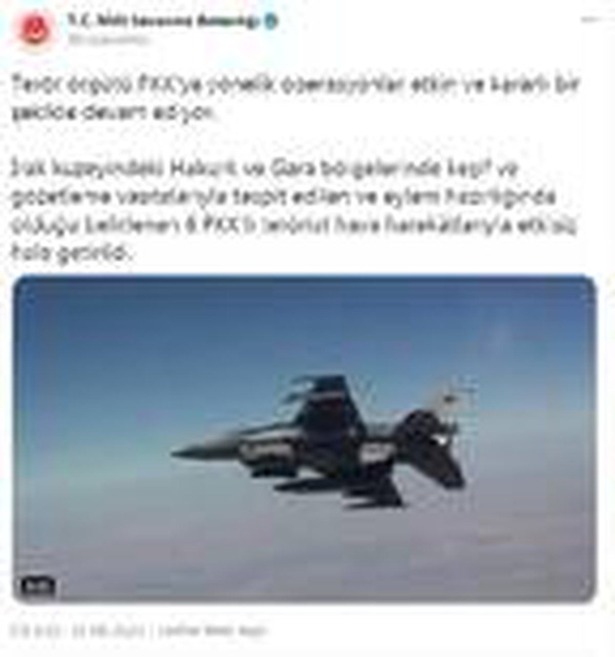 MSB: Irak\'ın kuzeyinde 6 PKK\'lı terörist etkisiz hale getirildi