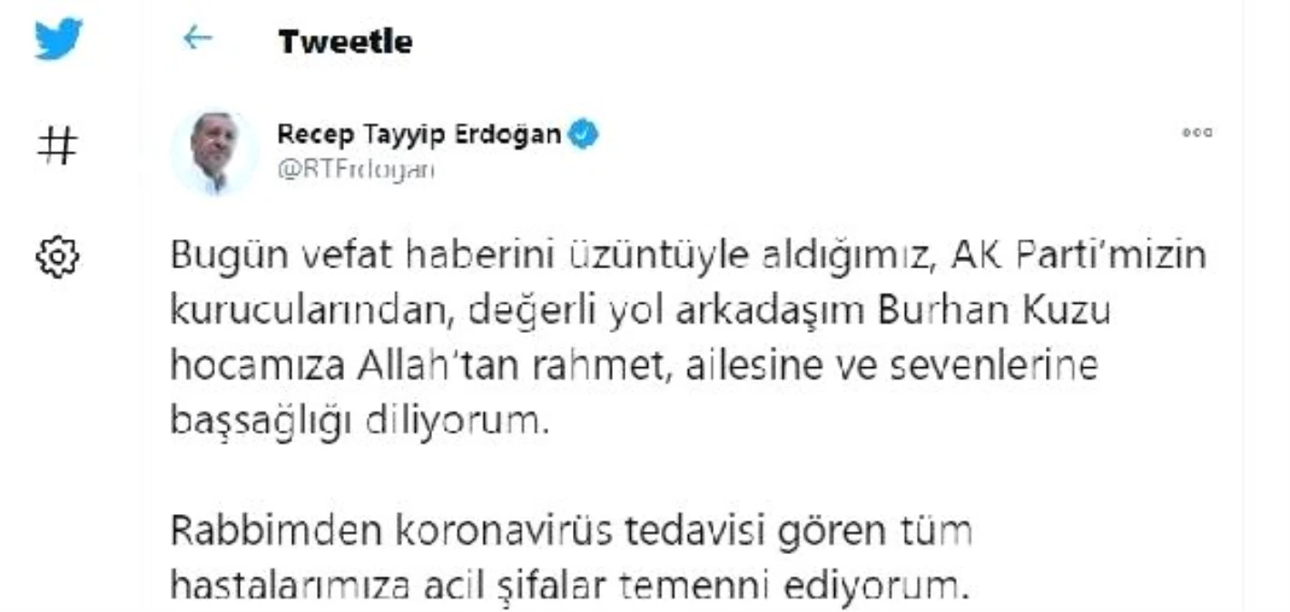 Cumhurbaşkanı Erdoğan\'dan Burhan Kuzu için başsağlığı mesajı
