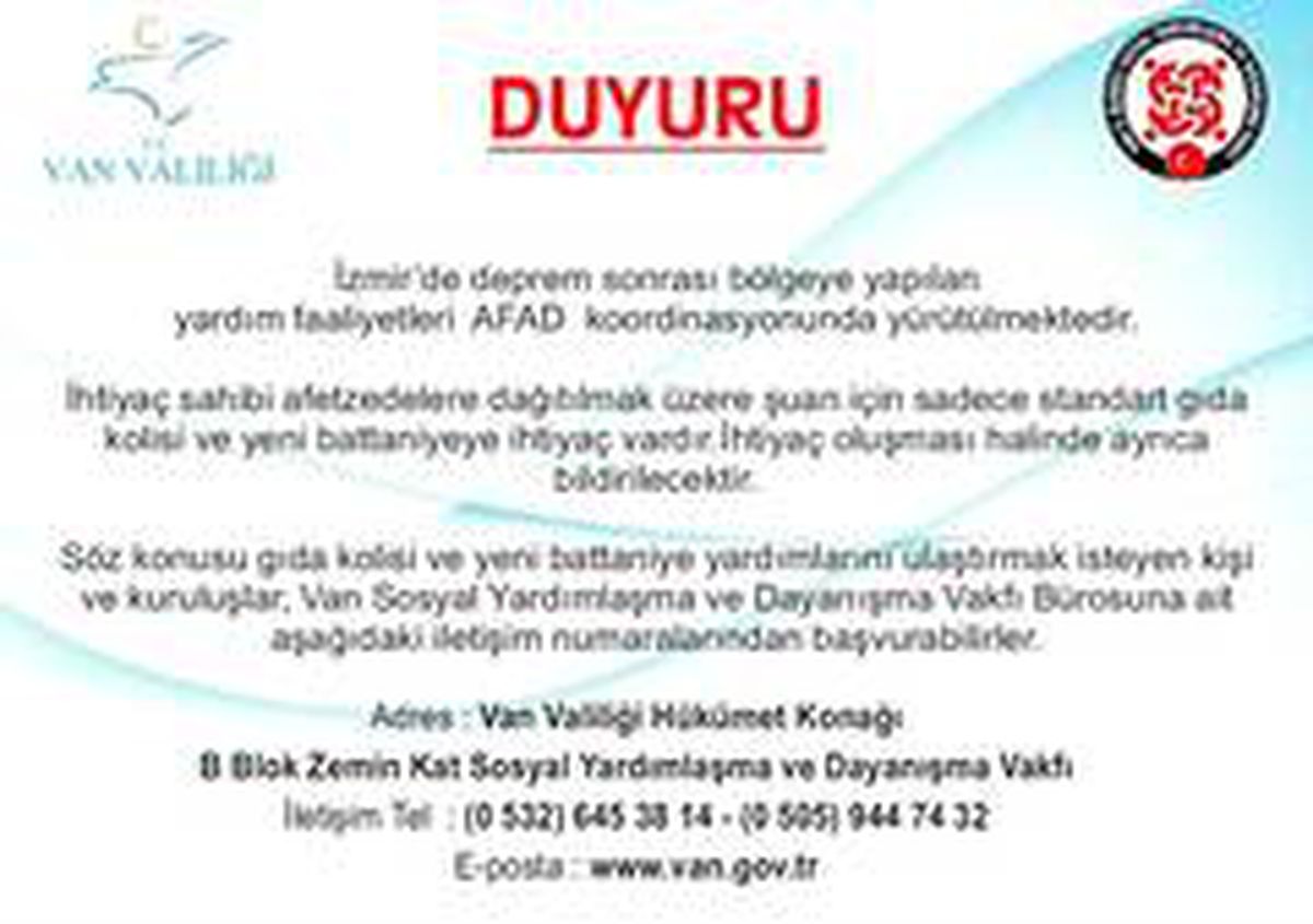 Van Valiliği\'nden İzmir\'e yardım çağrısı