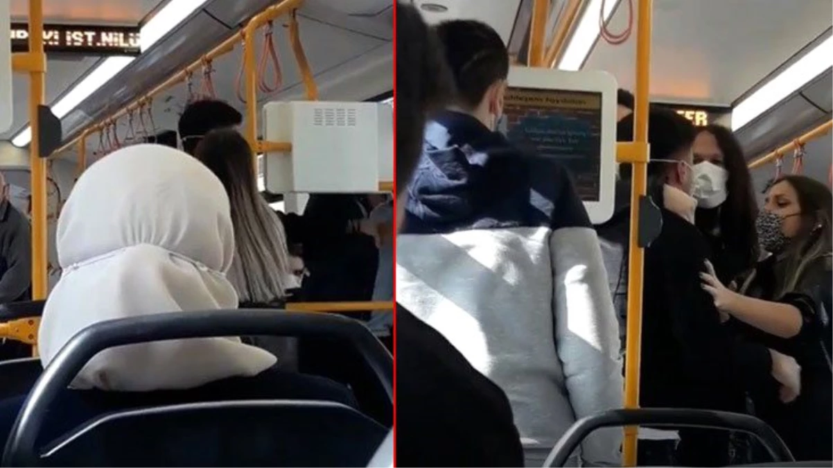Metroda yakınlaşan sevgililer, bir yolcu tarafından uyarılınca ortalık karıştı! Yumruklar havada uçuştu