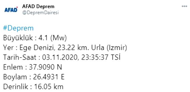 Urla açıklarında 4,1 büyüklüğünde deprem meydana geldi