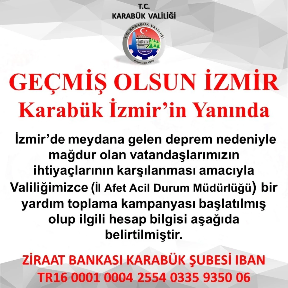 Karabük Valiliği, İzmir için yardım kampanyası başlattı