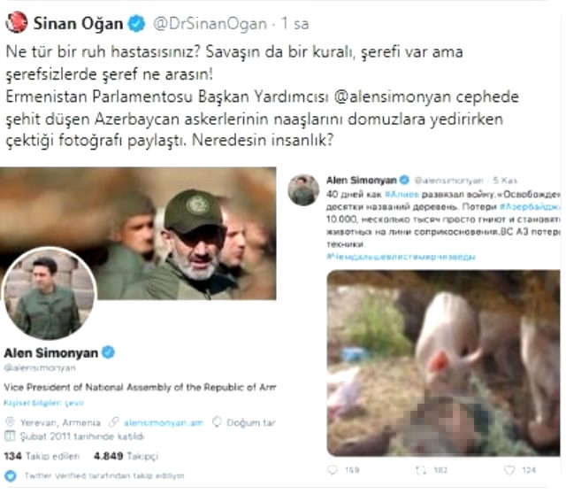 Ermeni siyasetçiden alçak paylaşım! Azerbaycanlı şehit askerlerin naaşını domuzlara yedirdiler