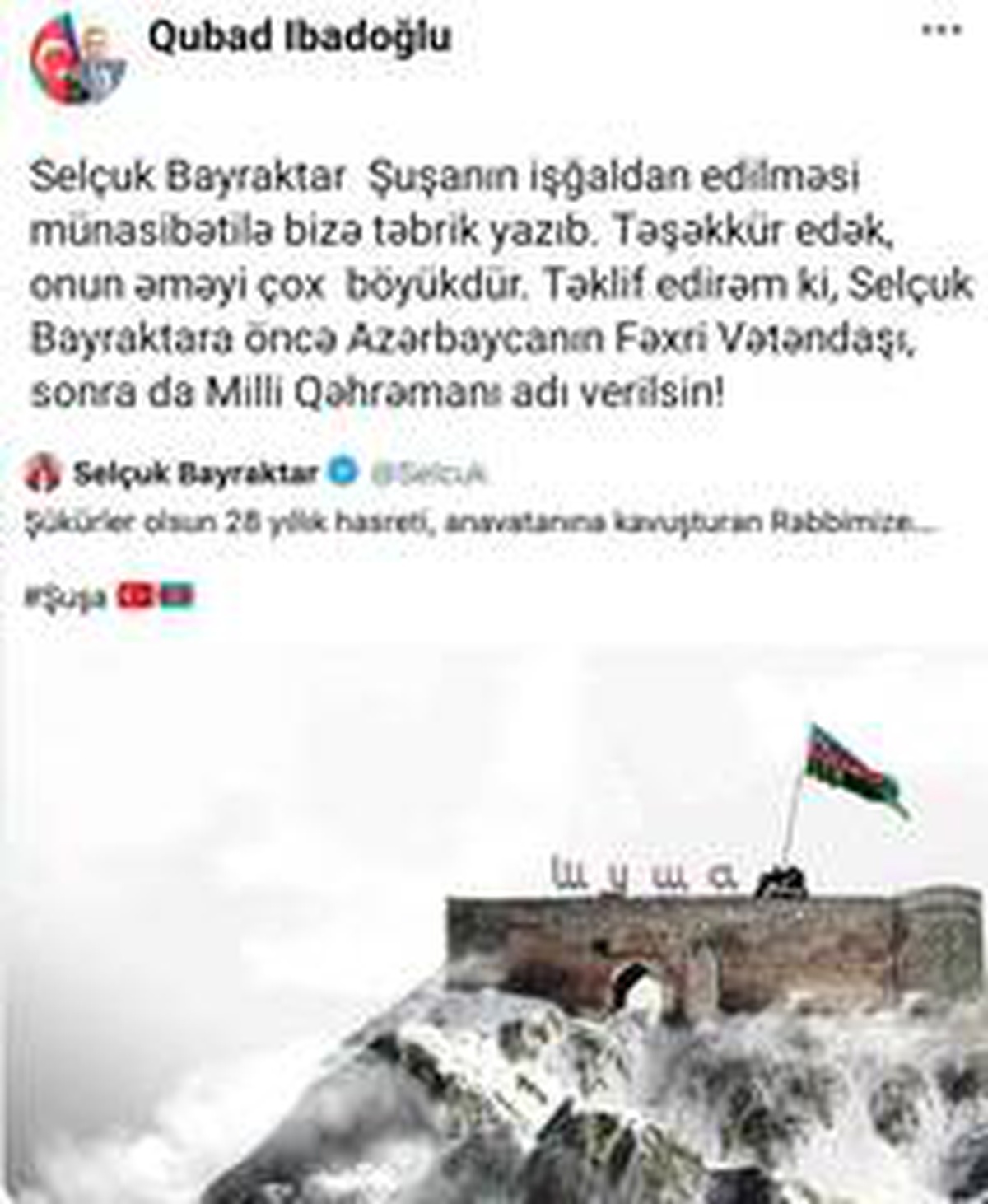 Azerbaycanlı profesör Selçuk Bayraktar\'ın "Milli kahraman" ilan edilmesini istedi