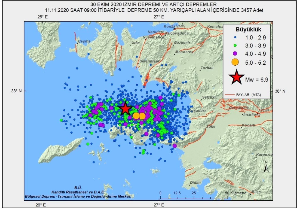 Ege\'de 3 bin 457 artçı deprem meydana geldi