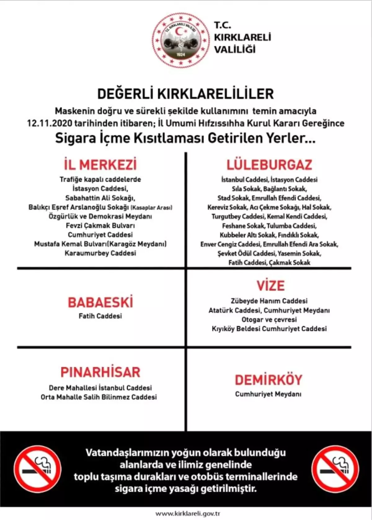 Kırklareli genelinde sigara içme kısıtlaması getirilen yerler duyuruldu