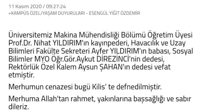 Gaziantep Üniversitesi'ndeki vefat ilanı akraba ilişkilerini ortaya çıkardı
