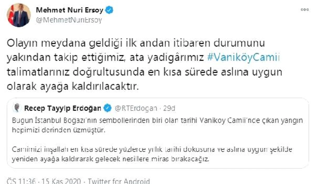 Bakan Ersoy:  Vaniköy Camii en kısa sürede ayağa kaldırılacaktır
