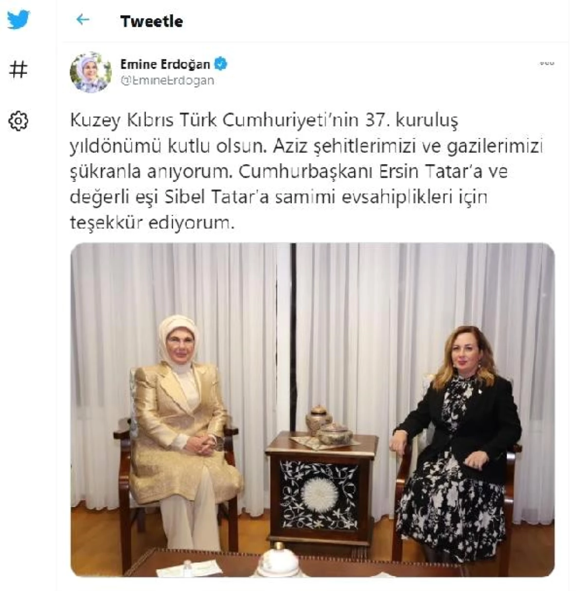 Emine Erdoğan, KKTC\'nin 37\'nci kuruluş yılını kutladı