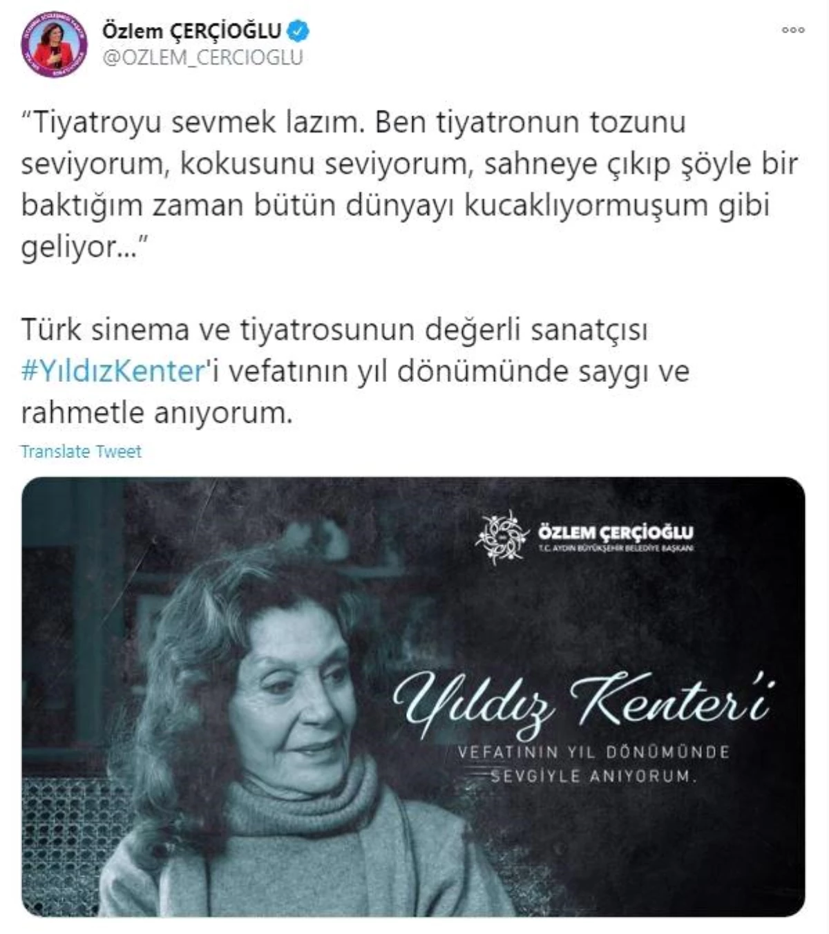 Başkan Çerçioğlu, Yıldız Kenter\'i andı