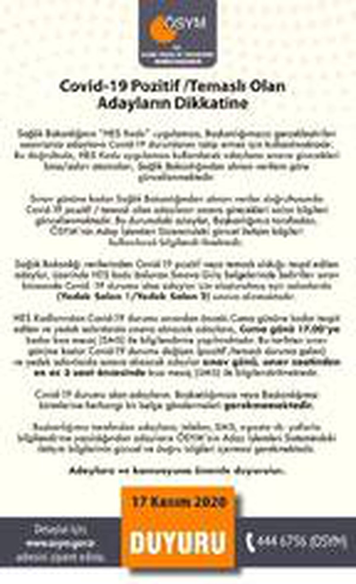 ÖSYM\'den Kovid-19 pozitif adaylara "bilgilendirme" uyarısı Açıklaması