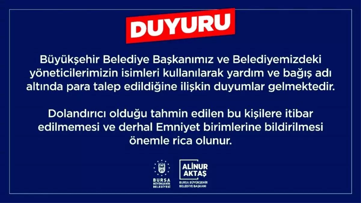 Bursa Büyükşehir Belediyesinden dolandırıcılık uyarısı