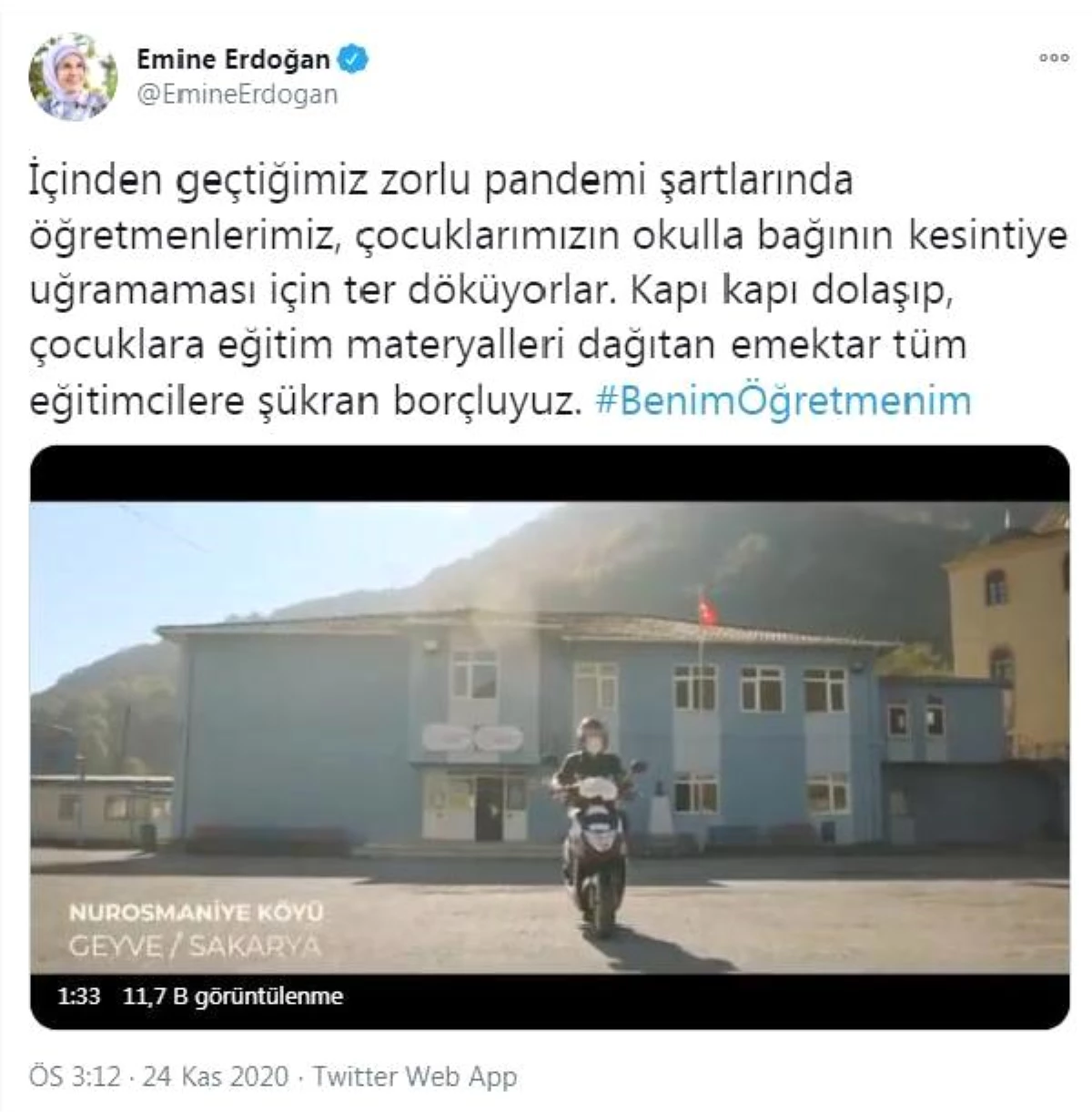 Emine Erdoğan, motosikletini EBA destek aracı yapan öğretmeni paylaştı