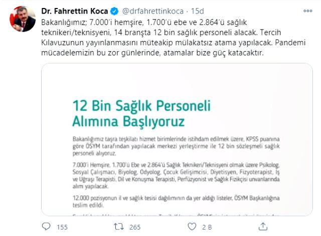 Son Dakika! Sağlık Bakanı Fahrettin Koca: 14 branşta 12 bin sağlık personeli alınacak