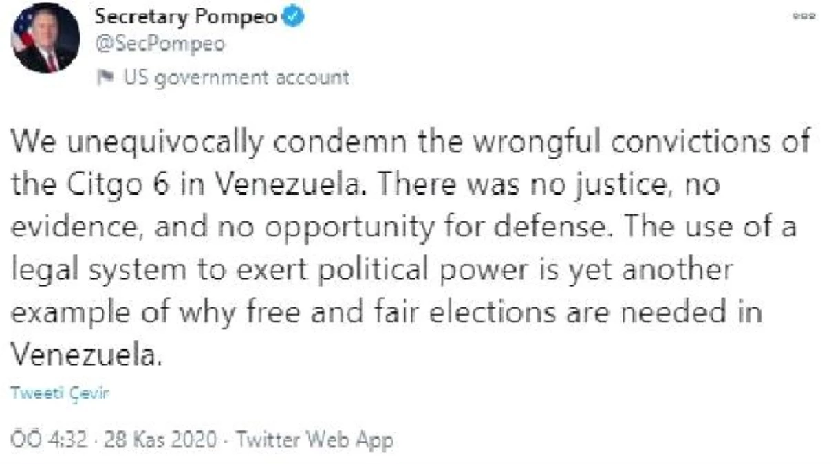 Pompeo ABD\'li petrol şirketi yöneticilerine Venezuela\'da yolsuzluktan hapis cezasına çarptırılmasını kınadı