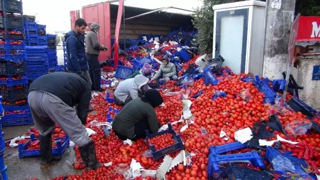 Sebze yüklü tır devrildi