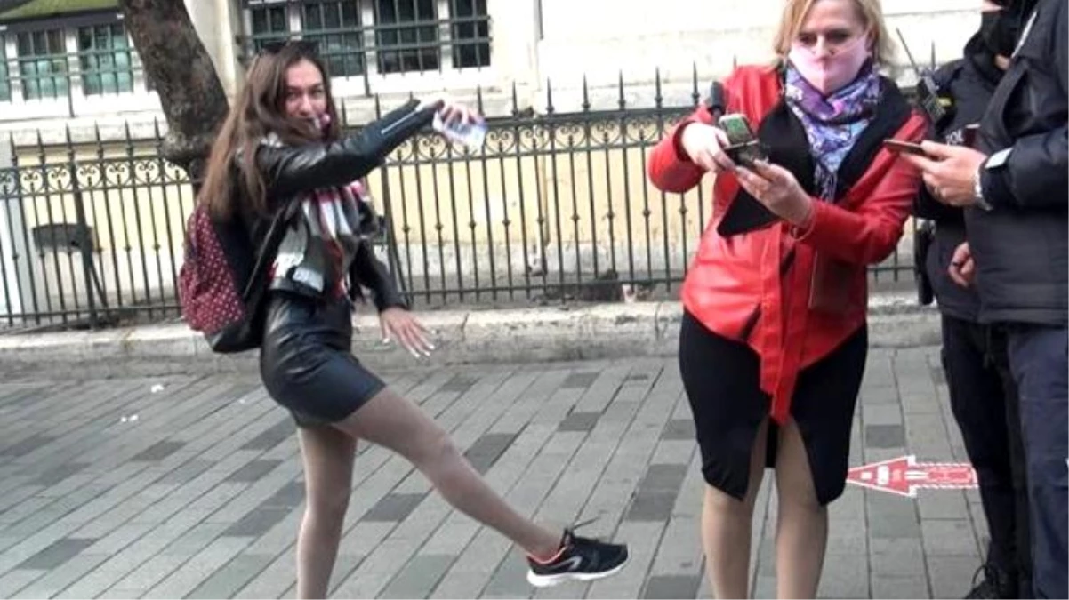İstiklal\'de ilginç anlar! Maske cezası kesilen Rus turist önce itiraz etti, ardından dans etmeye başladı
