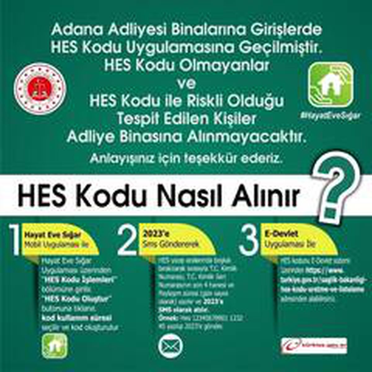 Adana Adliyesinde HES kodu uygulaması 7 Aralık\'ta başlıyor