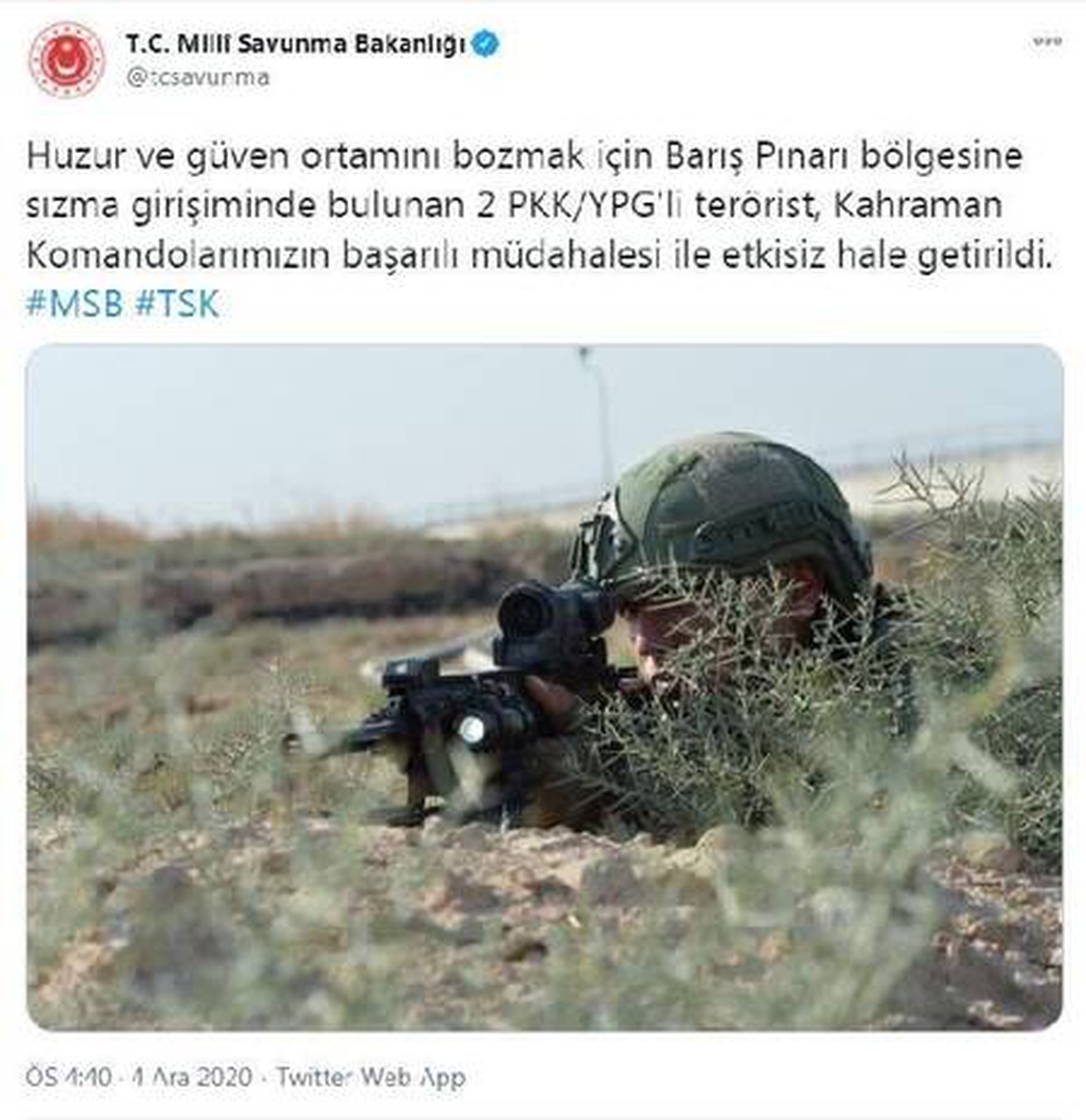 Son dakika haberi | MSB: 2 PKK/YPG\'li terörist etkisiz hale getirildi