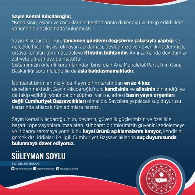 Son Dakika! İçişleri Bakanı Soylu'dan, Kılıçdaroğlu'nun 'Takip ediliyorum' açıklamasına yanıt: Tamamen gündemi değiştirme çabası Son Dakika! İçişleri Bakanı Soylu'dan, Kılıçdaroğlu'nun 'Takip ediliyorum' açıklamasına yanıt: Tamamen gündemi değiştirme çabası